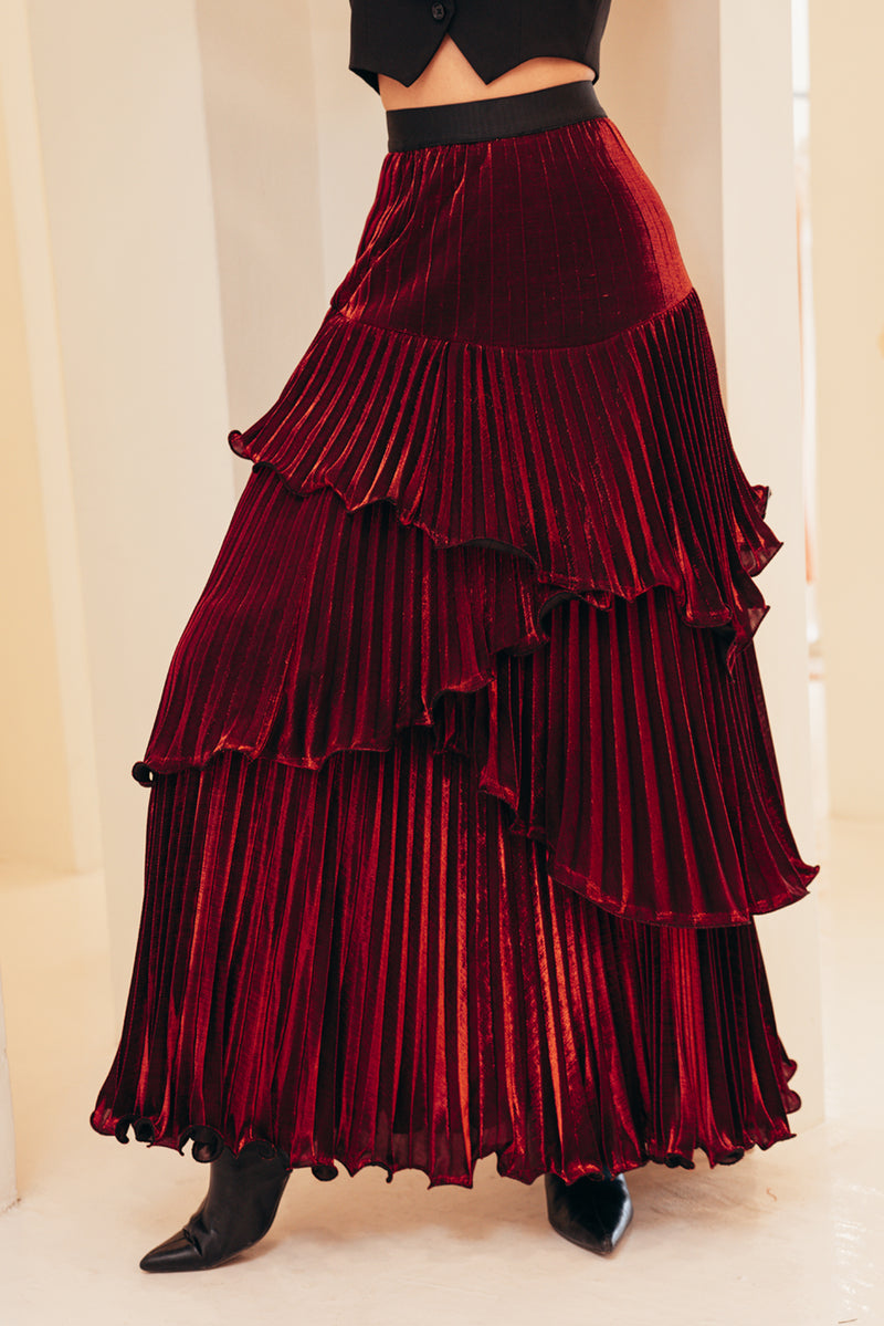 PLEATED LAYERED SKIRT | RED